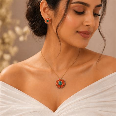 Coral Daisy Pendant Set