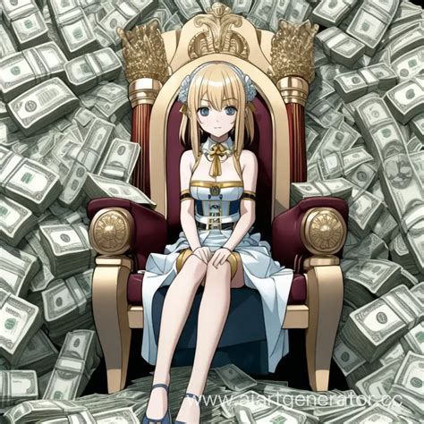 Wealthy Anime Girl Reigns on Money Throne | AI Art Generator