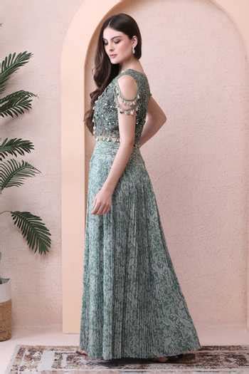 Buy Green Georgette, Net Mirrors, Printed Pre-draped Saree With ...