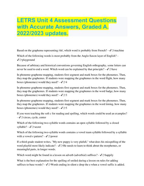LETRS Unit 4 Assessment Questions with Accurate Answers, Graded A. 2022 ...