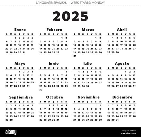 Spanish 2025 year calendar. Printable vector black color illustration ...