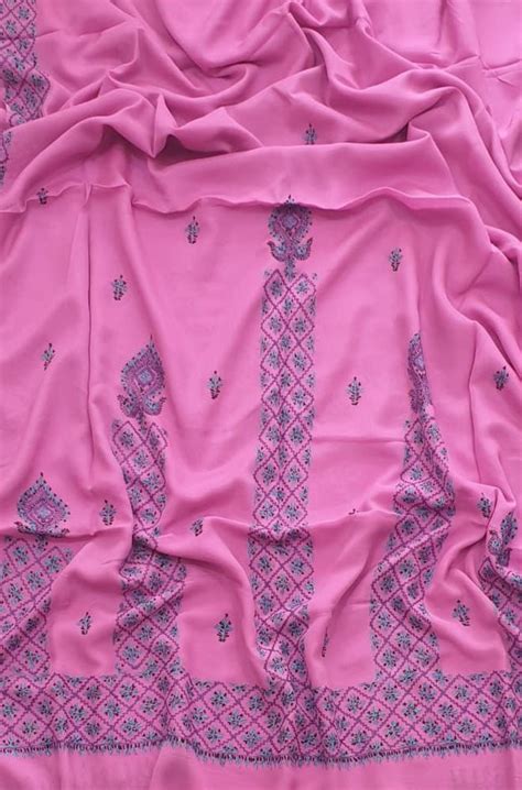 Pink Embroidered Kashmiri Sozni Work Crepe Flower Design Saree ...