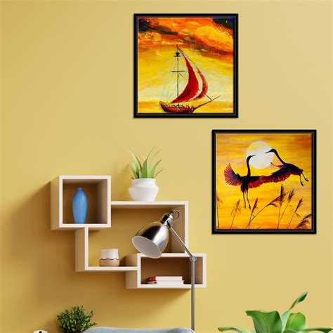 Boat & Cranes Sunset Wall Painting 2 Pieces Floating Frame – Vibecrafts