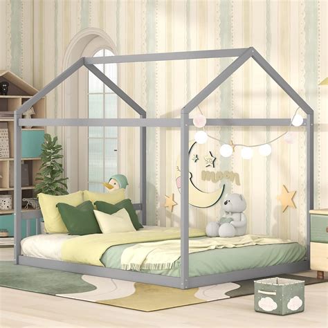 Amazon.com: Queen House Bed Wood Montessori Floor Beds for Kids Wood ...