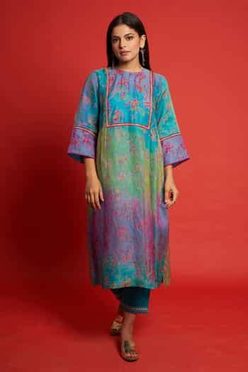 Buy Blue Sheer Silk Floral Print And Sequin Round Periwinkle Kurta ...