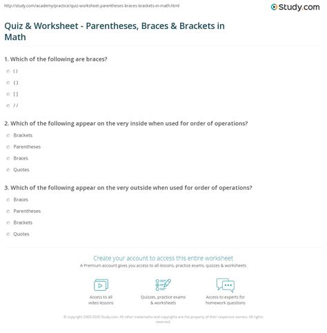 Quiz & Worksheet - Parentheses, Braces & Brackets in Math | Study.com