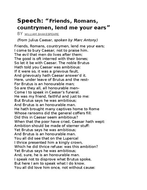 Brutus reply - Speech: “Friends, Romans, countrymen, lend me your ears” BY WI LLIA M S HAK ES PE ...