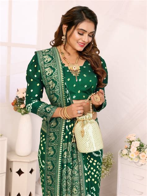 Emerald Green Bandhani Saree with Zari Elephant Design – CLOHI
