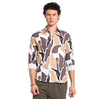 Campus Sutra Men's Taupe Brown & Beige Abstract Tulip Shirt |Casual ...