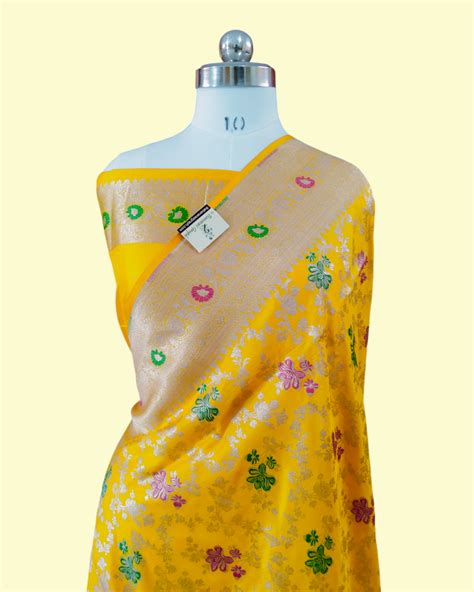 Yellow Pure Katan Handloom Silk - All Over Jaal Work with Meenakari Ba ...