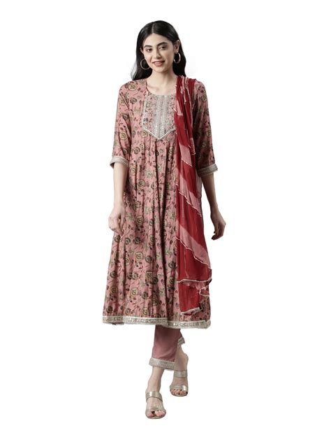 Neerus Women Floral Printed Pleated Zardozi Kurta with Trousers & Dupa ...