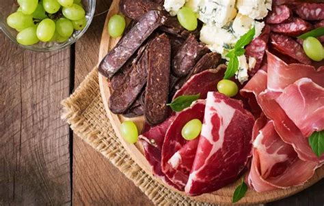 Wallpaper food, cheese, grapes, sausage, bacon, Basil for mobile and ...