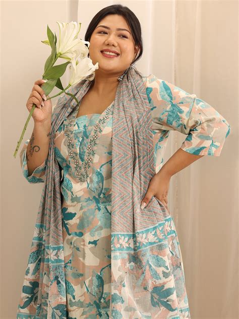Buy Plus Size Off White Printed Cotton Straight Suit Set With Dupatta ...