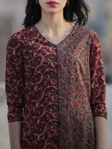 Marron Light Brown Black Indigo Hand Printed Ajrakh Kurta - K56F1190 ...