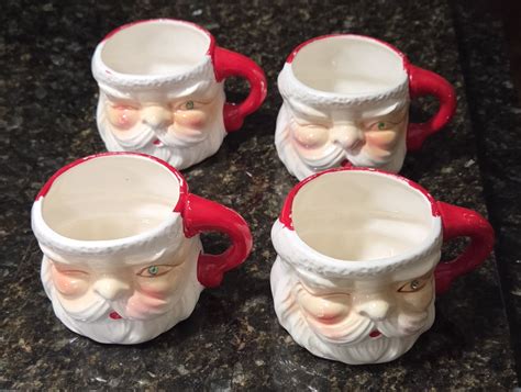 4 Vintage Winking Santa Christmas Mugs with a Green Rhinestone | eBay