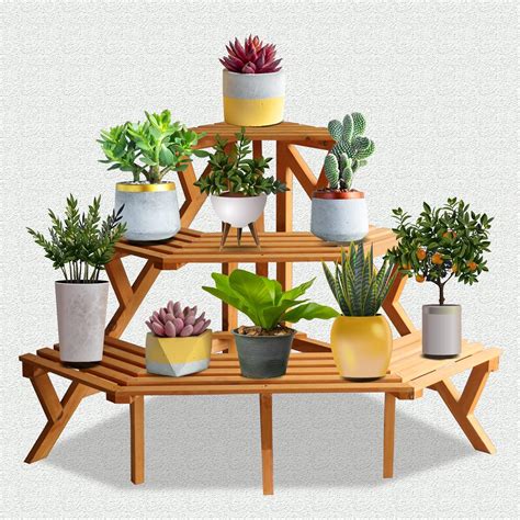 3 Tier Ladder Plant Stand Outdoor, Wood Multi Tiered Quarter Round ...