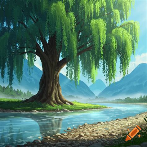 A vibrant green giant willow tree stands by a flowing river with a rocky bank. Blue, rounded ...
