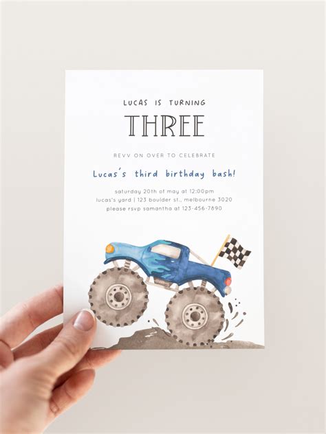 Blue monster truck invitation monster truck any age birthday editable ...