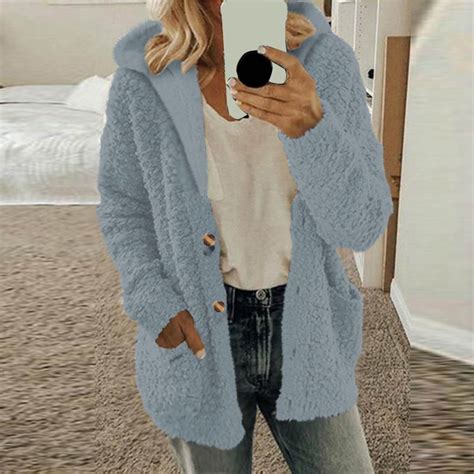 Women Fleece Jacket with Hood Long Sleeve Button Down Fuzzy Jackets ...