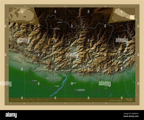 East, development region of Nepal. Colored elevation map with lakes and rivers. Locations and ...