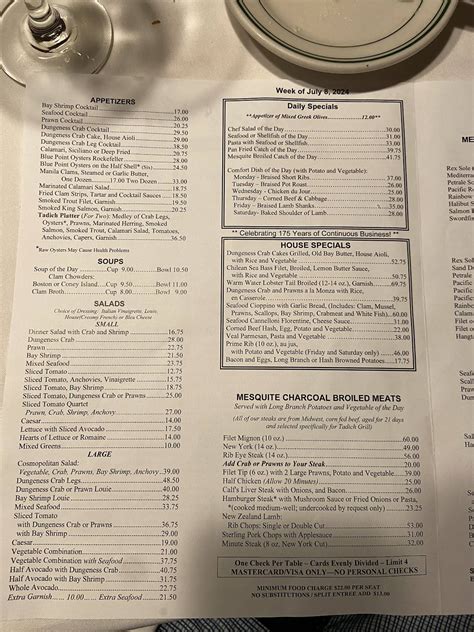 Menu at Tadich Grill pub & bar, San Francisco, 240 California St