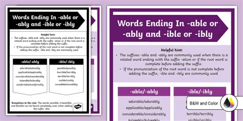 Words Ending In -able or -ably and -ible or -ibly Poster for 4th-5th Grade