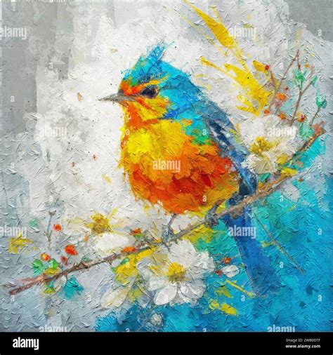 Abstract colorful oil, acrylic painting of bird and spring flower ...
