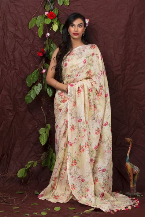 PJDC24A029 Cream Peach Pure Handloom Linen Printed Saree – Paarijaatham.com