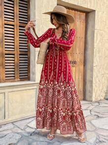 Breezaya Floral Grommet Eyelets Lace Up Ruffle Hem Dress Maxi Vacation ...