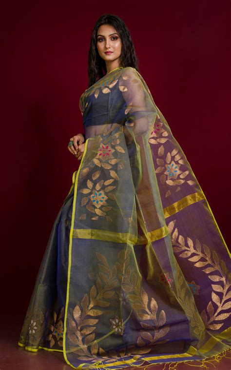 Authentic Soft Silk Muslin Jamdani Saree in Dual Tone of Grey and Yell ...