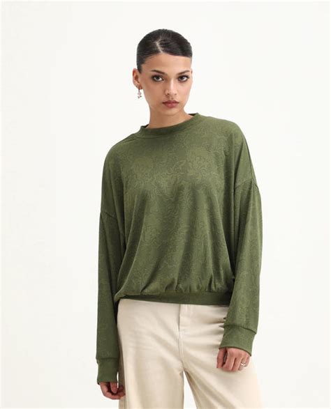 Rareism Women's Lent Olive Polyester Blend Crew Neck Oversize Fit Jacq