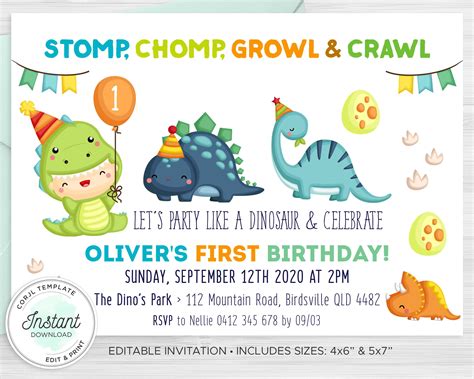 Dinosaur Birthday Invitation First Birthday Dino Party Baby | Etsy
