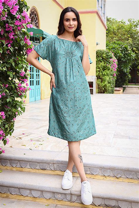 Dharan Dema Dress Green Boat Neck Block Printed Dress For Women Online ...