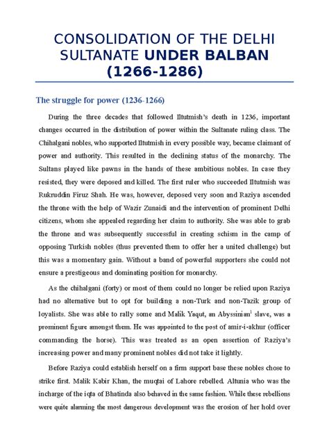 Consolidation OF THE Delhi Sultanate Under Balban (1266-1286 ...