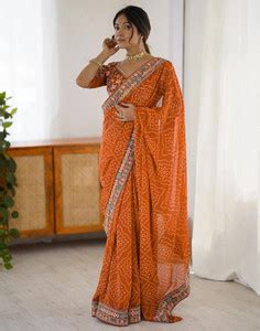 Buy Satrani Printed, Embellished, Embroidered Bandhani Georgette Orange ...