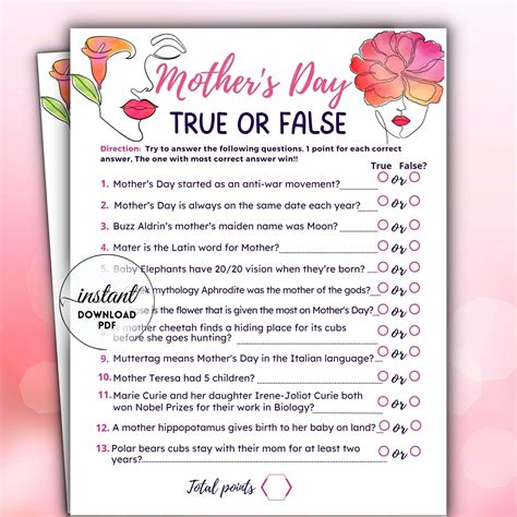 Mother s day trivia quiz true or false game mother day trivia game ...