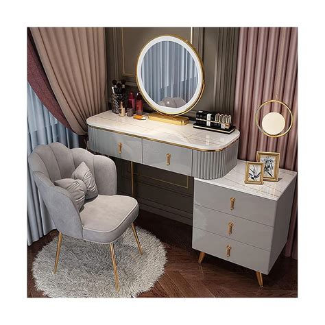Stylish Modern Vanity Desk, Makeup Vanity with Cushioned Stool ＆ Side ...
