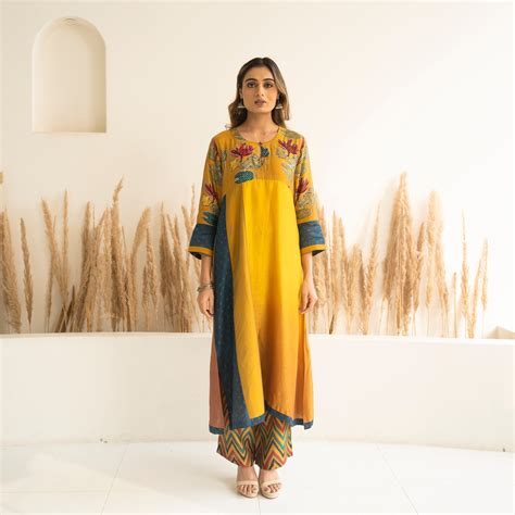 Yellow Ombre Kali mix and match Kurta set with dupatta and pants (3pc ...