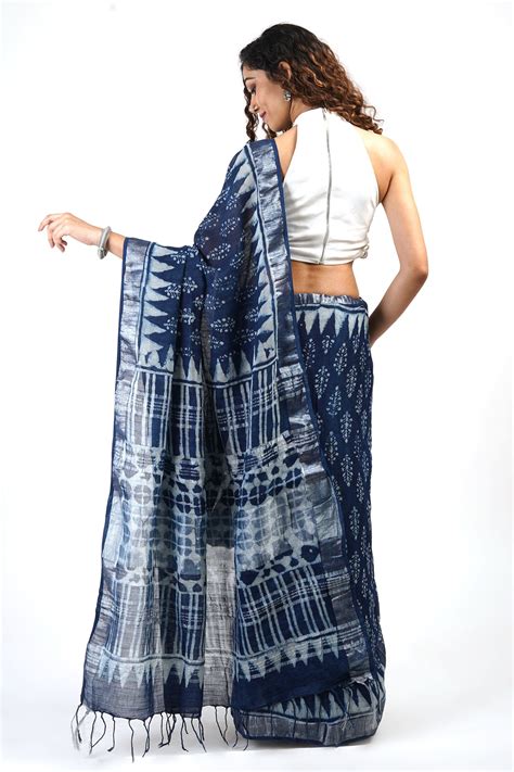 Teejh Aprajitha Indigo Block Print Linen Cotton Saree With Blouse Piec