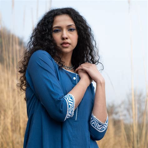 Solid indigo Anarkali kurta with block print border and lace details ...