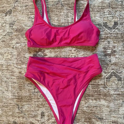 medium hot pink swimsuit set - never worn - Depop