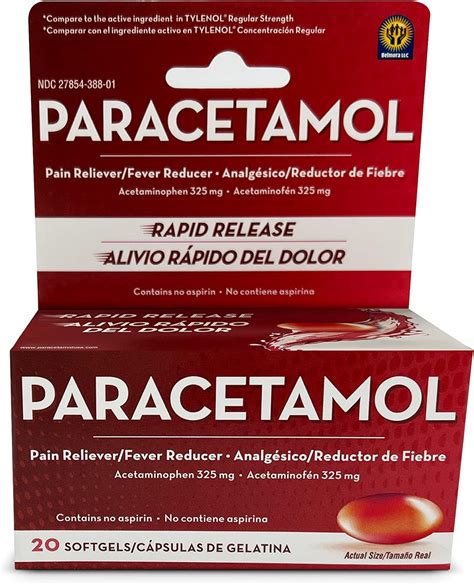Amazon.com: Belmora Paracetamol Acetaminophen 325mg 20 Softgels for Pain Relief, Liquid Filled ...
