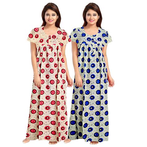 Buy Mudrika Women's Cotton Embellished Maxi Nightgown (Pack of 2 ...