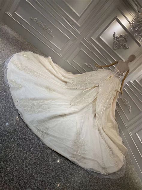 Luxury crystals pearls beaded cream beige champagne couture ball gown ...