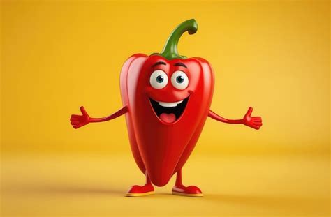 Red hot bell pepper with smiling grimace on yellow backdrop funny ...