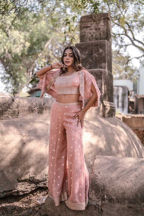 Blush Glow Banarasi Shimmer Palazzo Set with Jacket – Gauri Saree