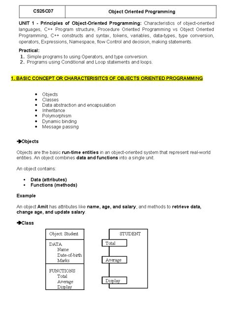 CS25C07 Object Oriented Programming: Unit 1 Overview and Concepts - Studocu