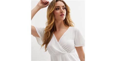 White Ribbed Wrap Peplum Top | New Look