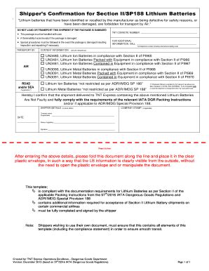 2016-2026 Form TNT Shippers Confirmation for Section II/SP188 Lithium ...