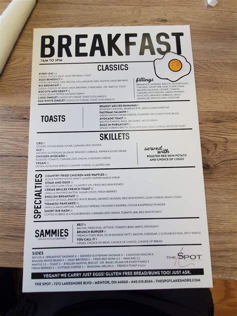 Menu at The Spot on Lakeshore pub & bar, Mentor, Lakeshore Blvd